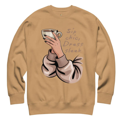 Beige sweatshirt with a graphic of a hand holding a coffee cup and text on a white background