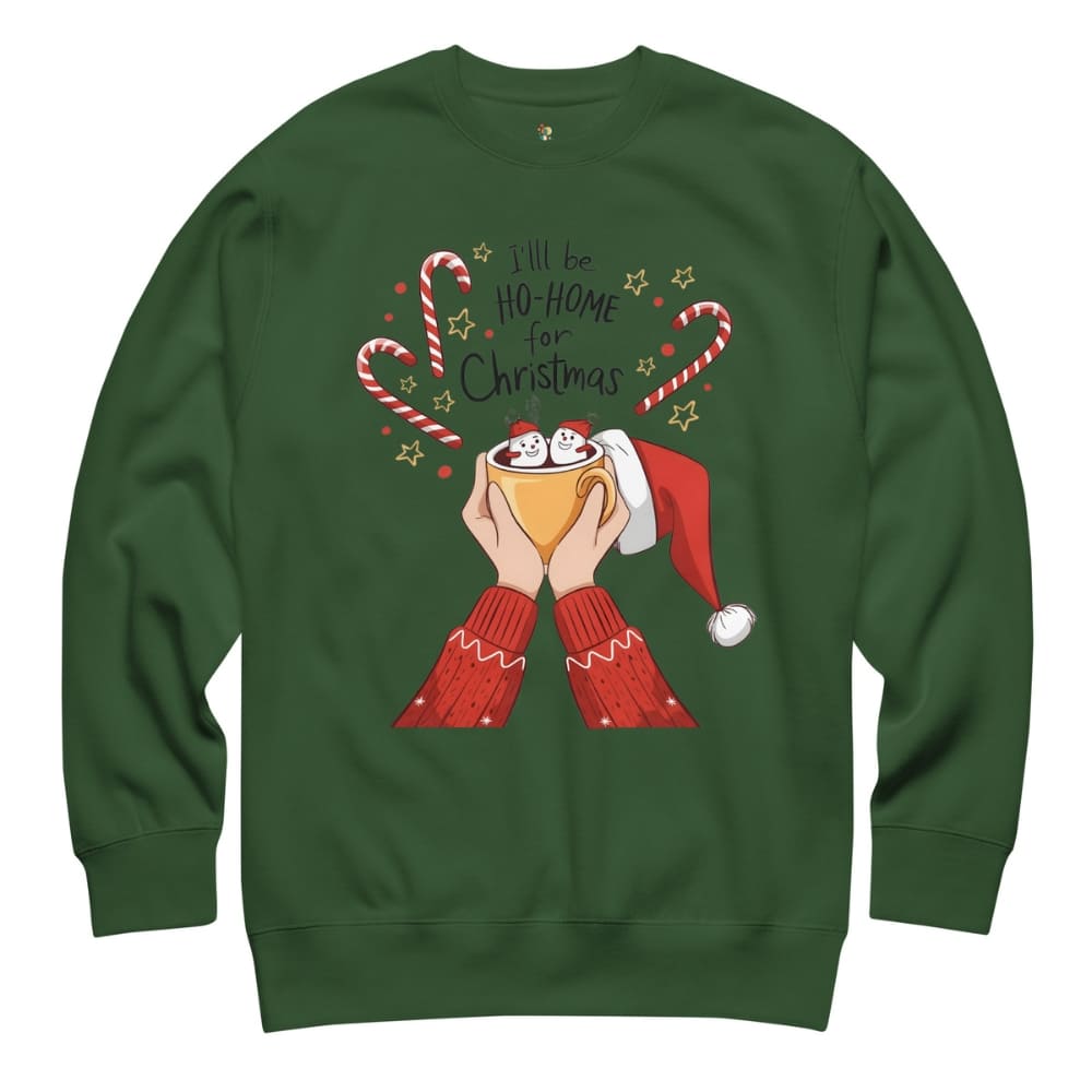 Green sweatshirt with Christmas-themed design on a white background