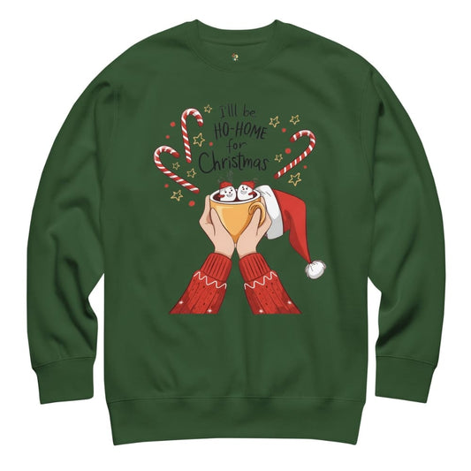 Green sweatshirt with Christmas-themed design on a white background