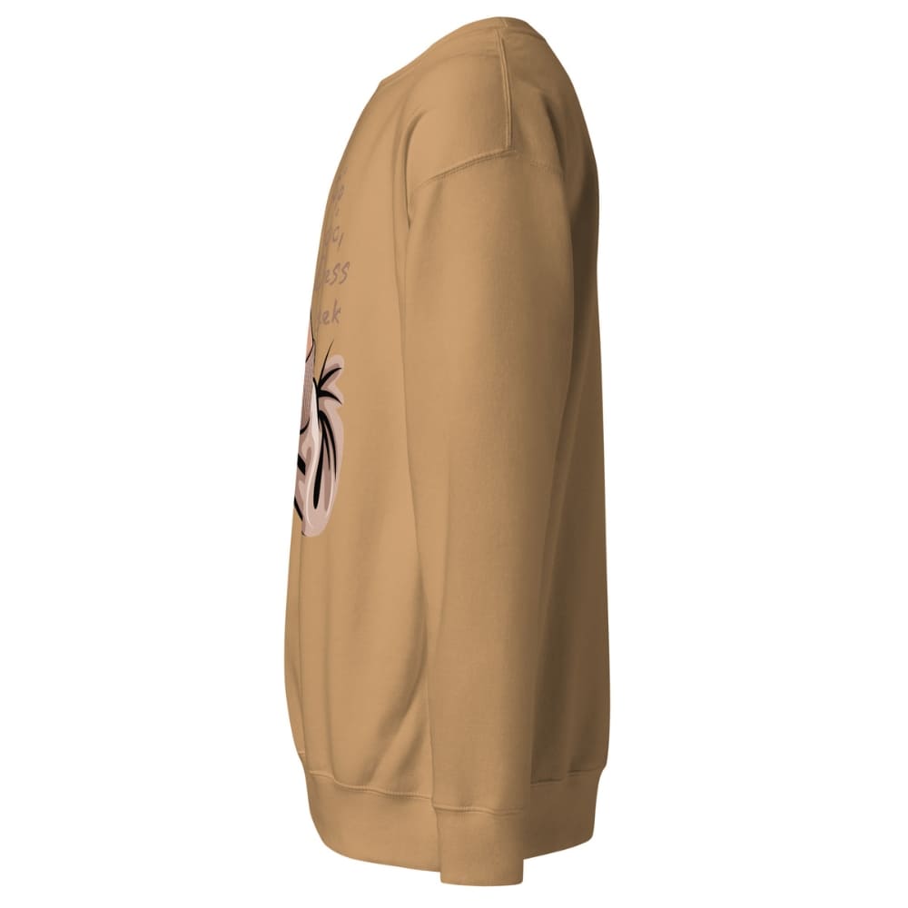 Beige sweatshirt with a graphic design on the sleeve against a white background