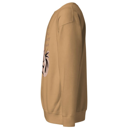 Beige sweatshirt with a graphic design on the sleeve against a white background