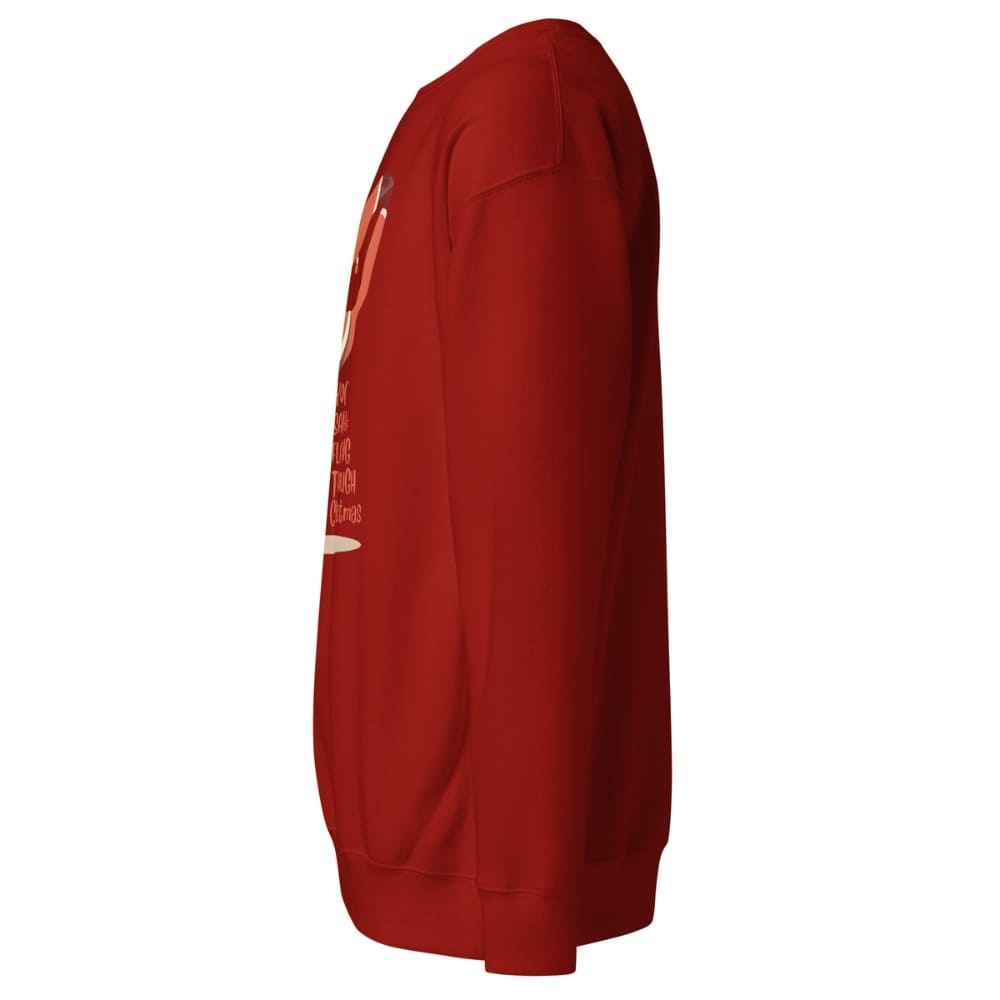 Red sweatshirt with a logo on the sleeve against a white background