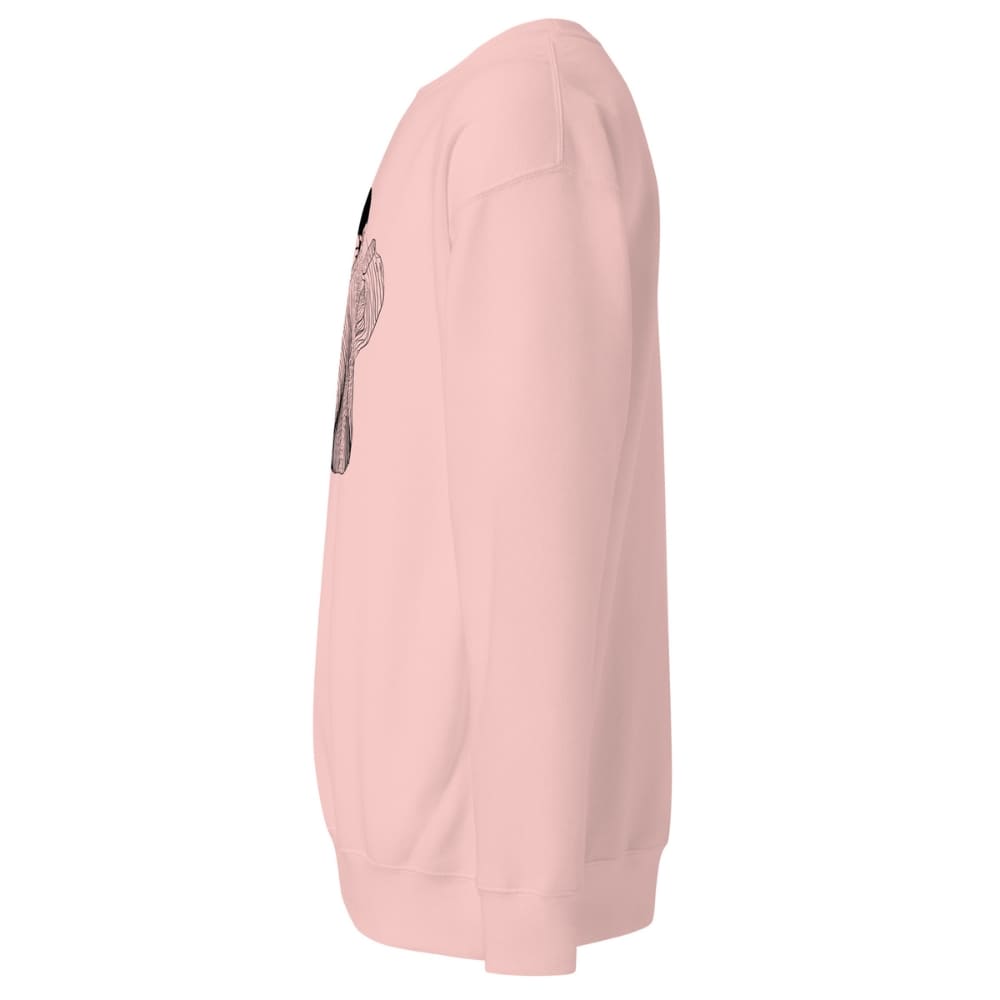 Pink sweatshirt with a logo on the sleeve against a white background