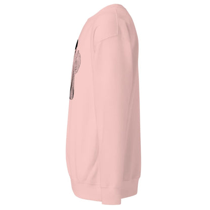 Pink sweatshirt with a logo on the sleeve against a white background