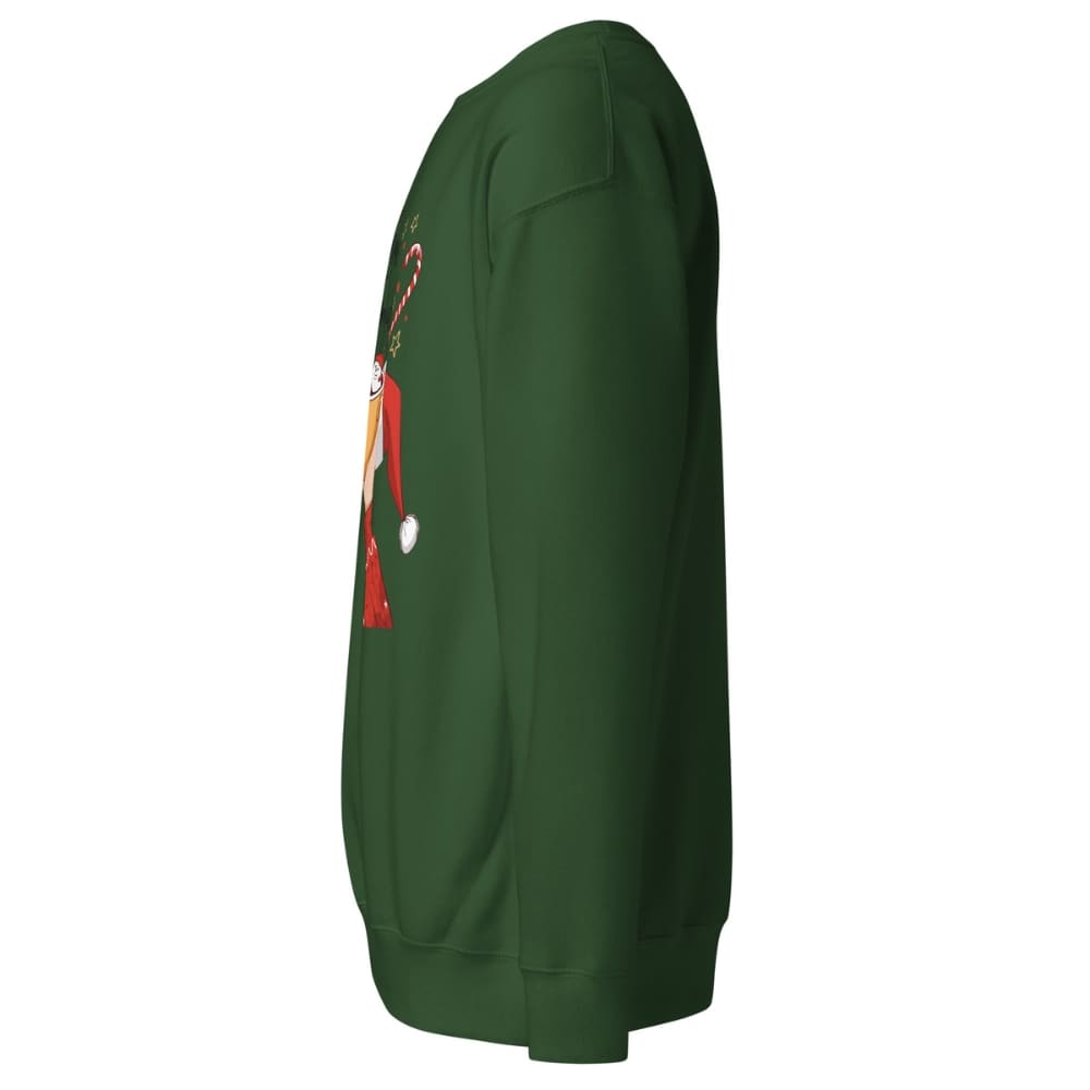 Green sweatshirt with a graphic design on a white background