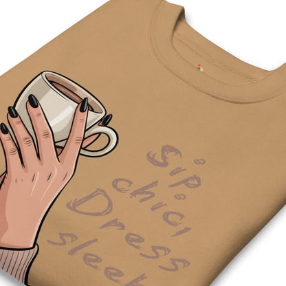 Brown sweatshirt with a graphic of a hand holding a coffee cup and text on a white background
