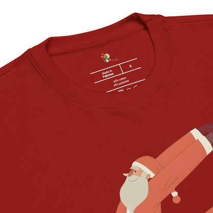 Red t-shirt with a cartoon Santa Claus design on a white background