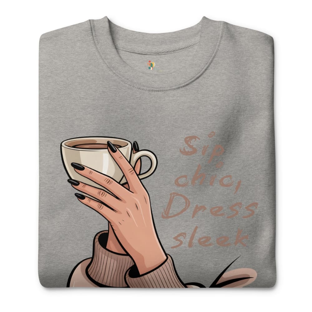 Gray sweatshirt with a hand holding a coffee cup and text design on a white background