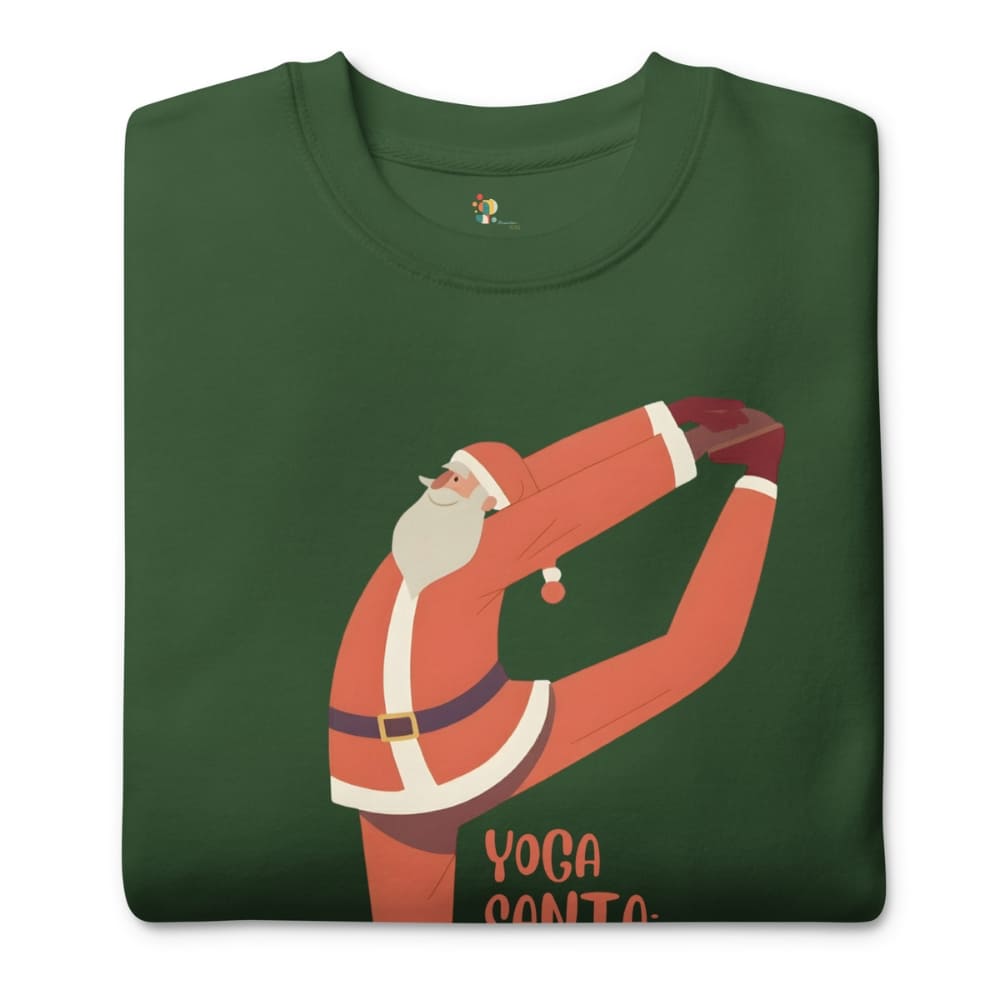 Green t-shirt with a graphic of Santa Claus doing yoga on a white background