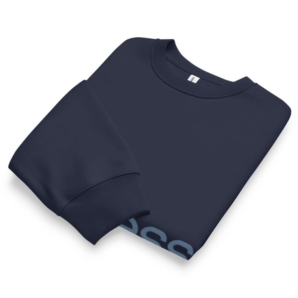 Folded navy blue sweatshirt on a white background