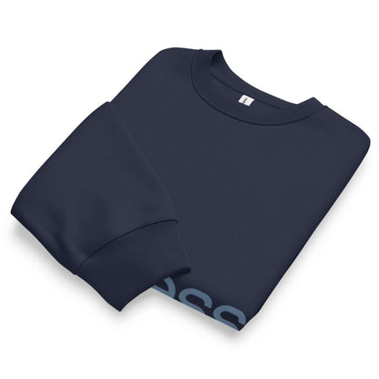 Folded navy blue sweatshirt on a white background