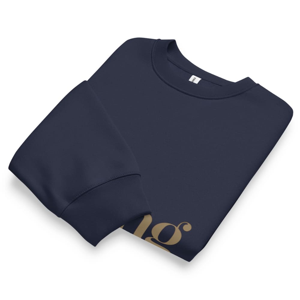 Folded navy blue sweatshirt with a logo on a white background