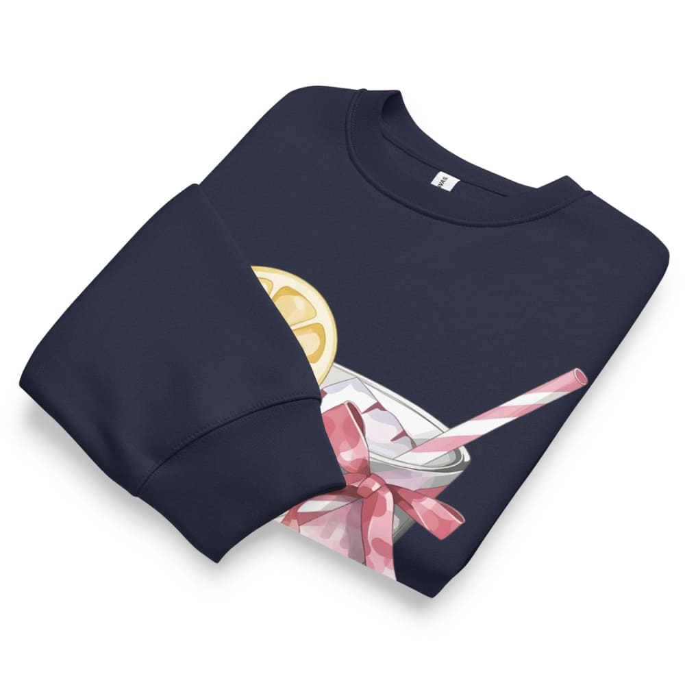 Navy blue sweatshirt with a cocktail graphic on a white background