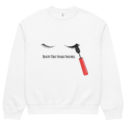 White sweatshirt with a graphic of a red eyelash wand and text on a white background