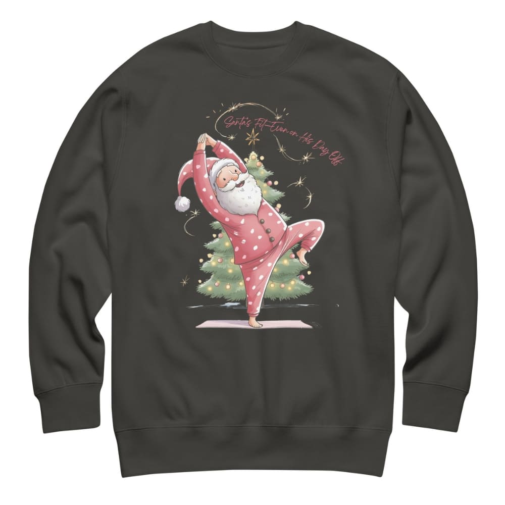 Black sweatshirt with a Christmas-themed design of Santa Claus doing yoga.