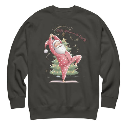 Black sweatshirt with a Christmas-themed design of Santa Claus doing yoga.