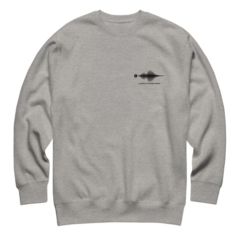 Gray sweatshirt with a black graphic on the chest against a white background
