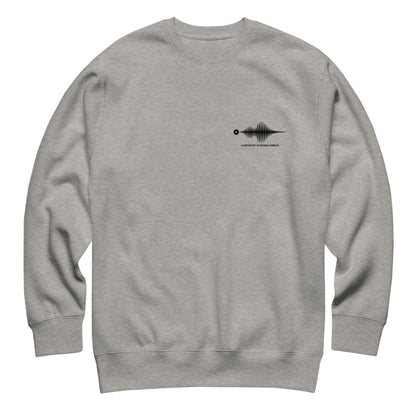 Gray sweatshirt with a black graphic on the chest against a white background