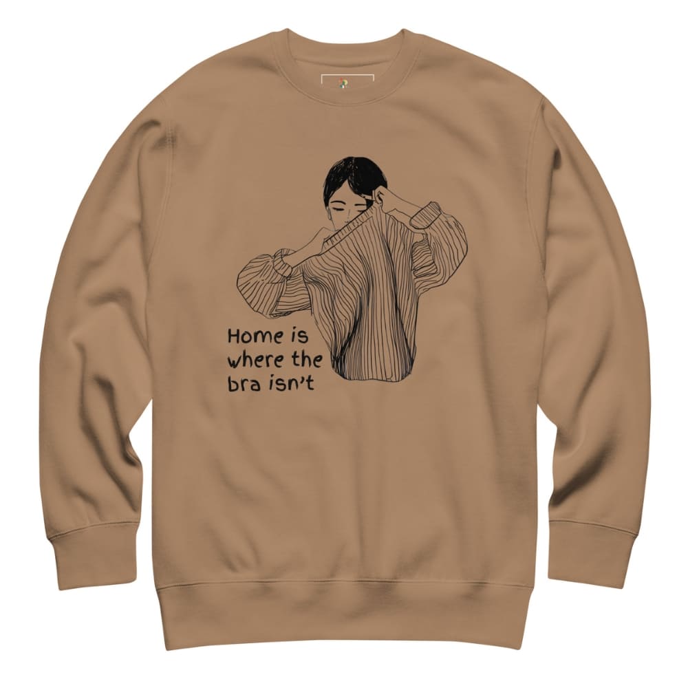 Brown sweatshirt with a graphic and text on a white background