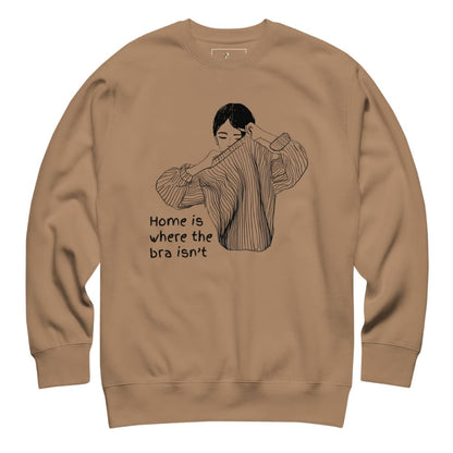 Brown sweatshirt with a graphic and text on a white background