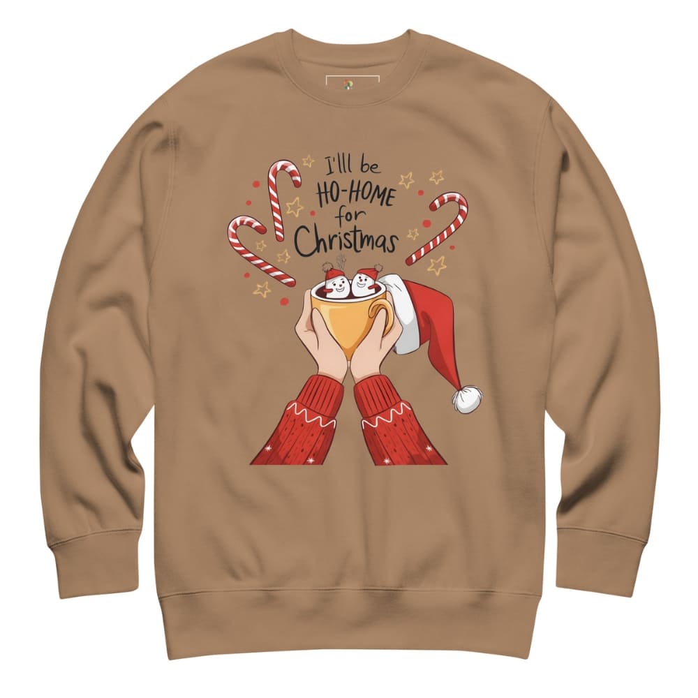 Brown sweatshirt with Christmas-themed design featuring a cup, candy canes, and text on a white background.