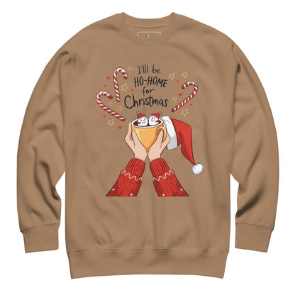 Brown sweatshirt with Christmas-themed design featuring a cup, candy canes, and text on a white background.