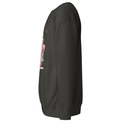 Black sweatshirt with a colorful graphic on the sleeve against a white background