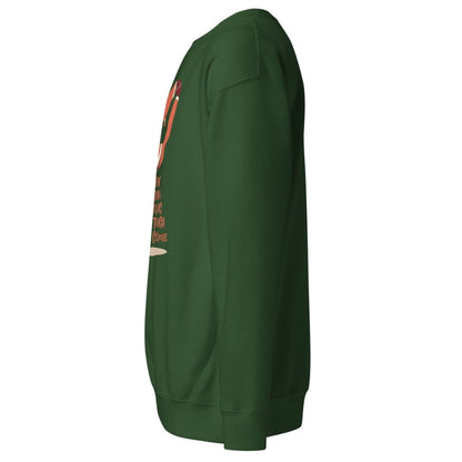 Green sweatshirt with a graphic design on the sleeve against a white background