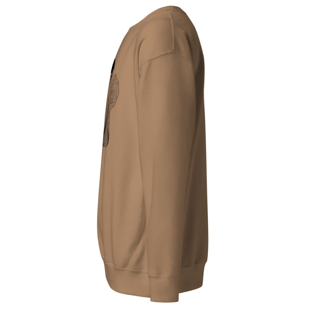 Brown sweatshirt with a patch on the sleeve against a white background