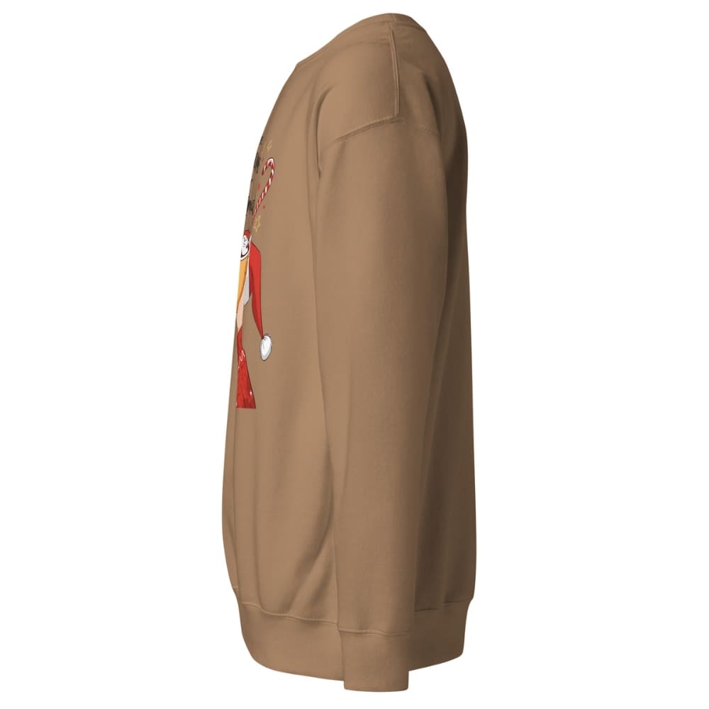 Brown sweatshirt with a graphic design on the sleeve against a white background