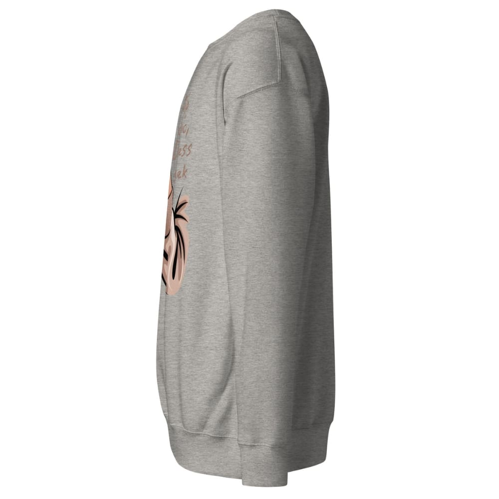 Gray sweatshirt with a logo on the sleeve against a white background