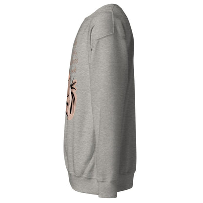 Gray sweatshirt with a logo on the sleeve against a white background