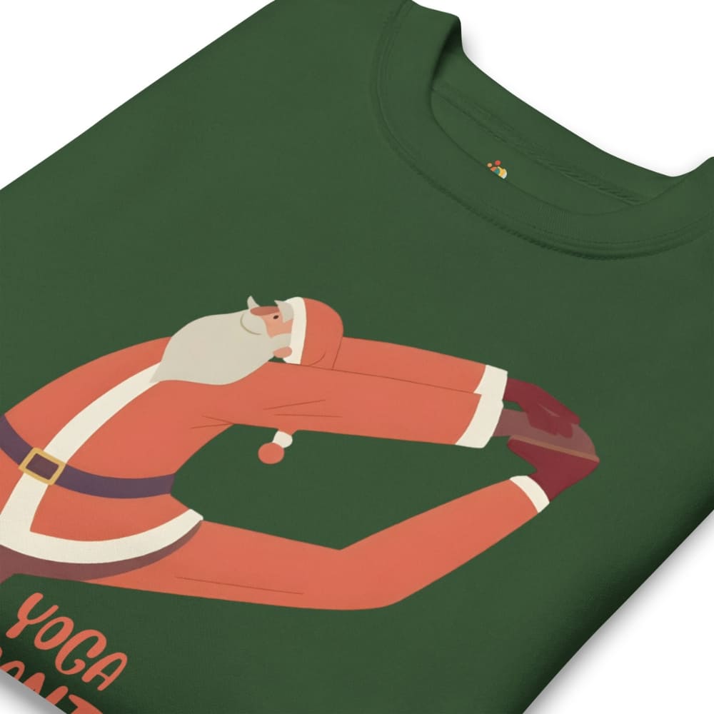 Green t-shirt with a cartoon Santa Claus doing yoga illustration on a white background