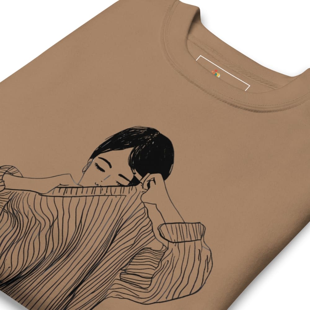 Brown t-shirt with a graphic of a person holding a striped fabric on a white background