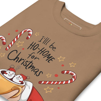 Brown t-shirt with Christmas-themed design featuring snowmen and candy canes on a white background.