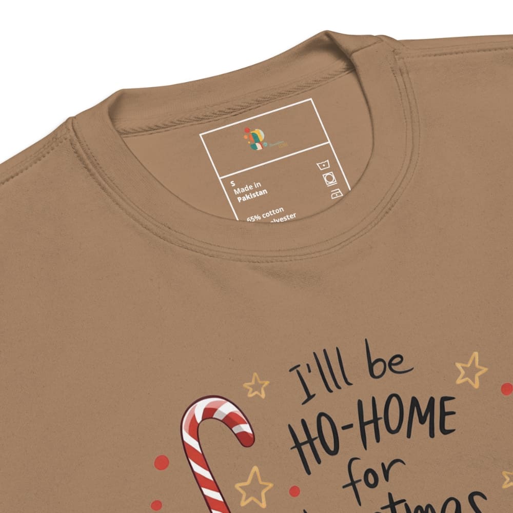 Brown t-shirt with candy cane and text design, brand label visible.