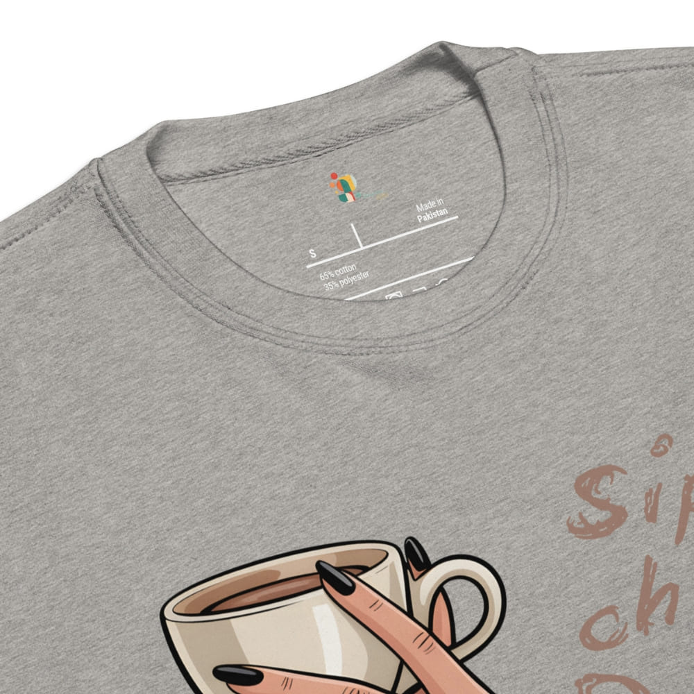 Gray t-shirt with a graphic of a hand holding a coffee cup and text on a white background