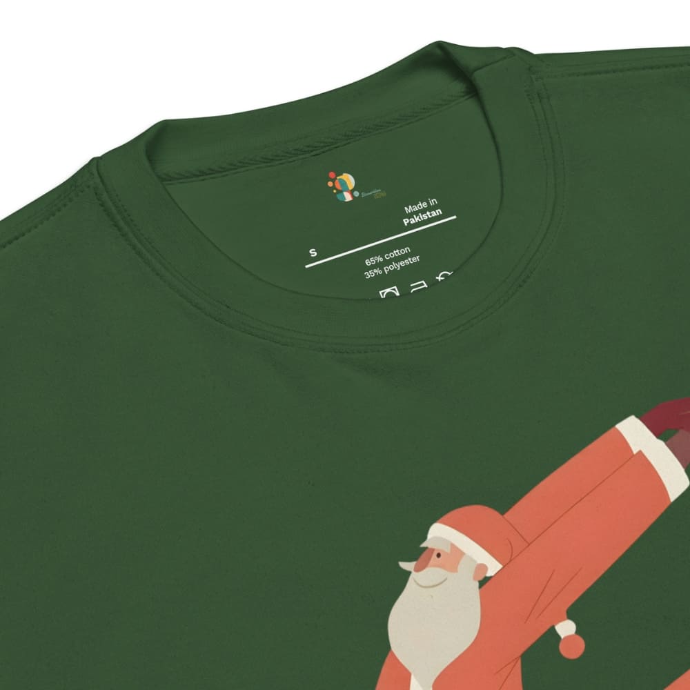 Green t-shirt with a cartoon Santa Claus design on a white background