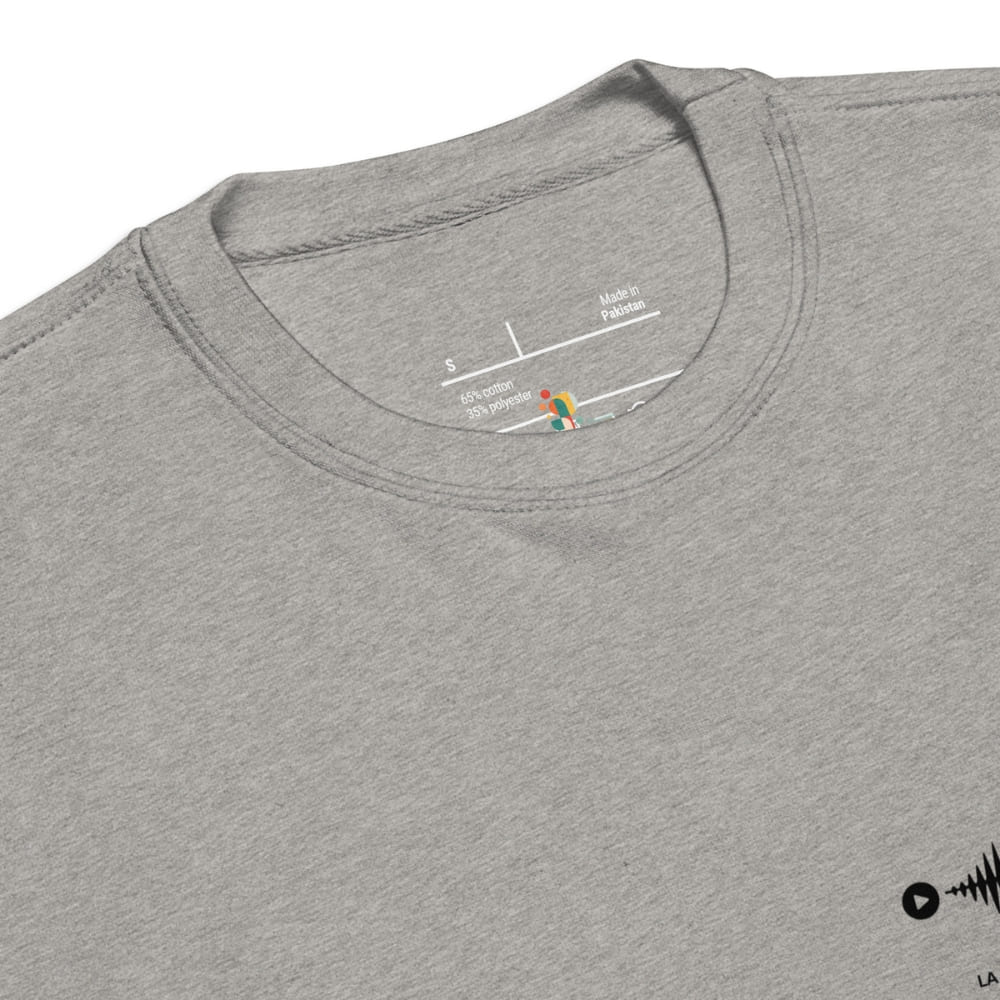 Gray t-shirt with brand logo on the collar and text on a white background