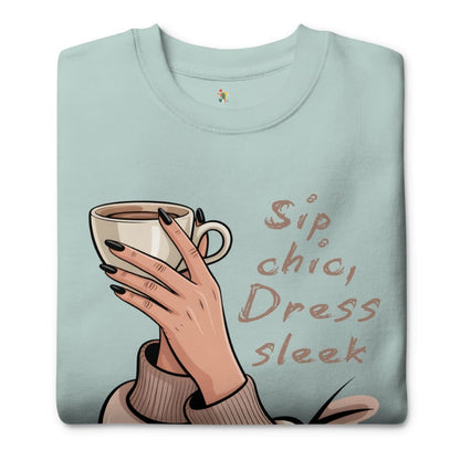 Light blue sweatshirt with a hand holding a coffee cup and text 'Sip, chic, Dress, sleek' on a white background