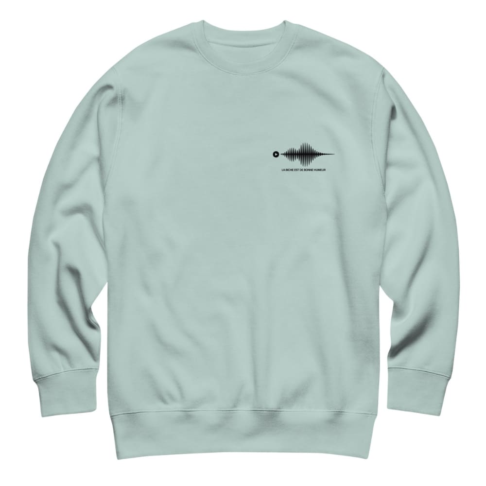 Light blue sweatshirt with a black graphic on the chest against a white background