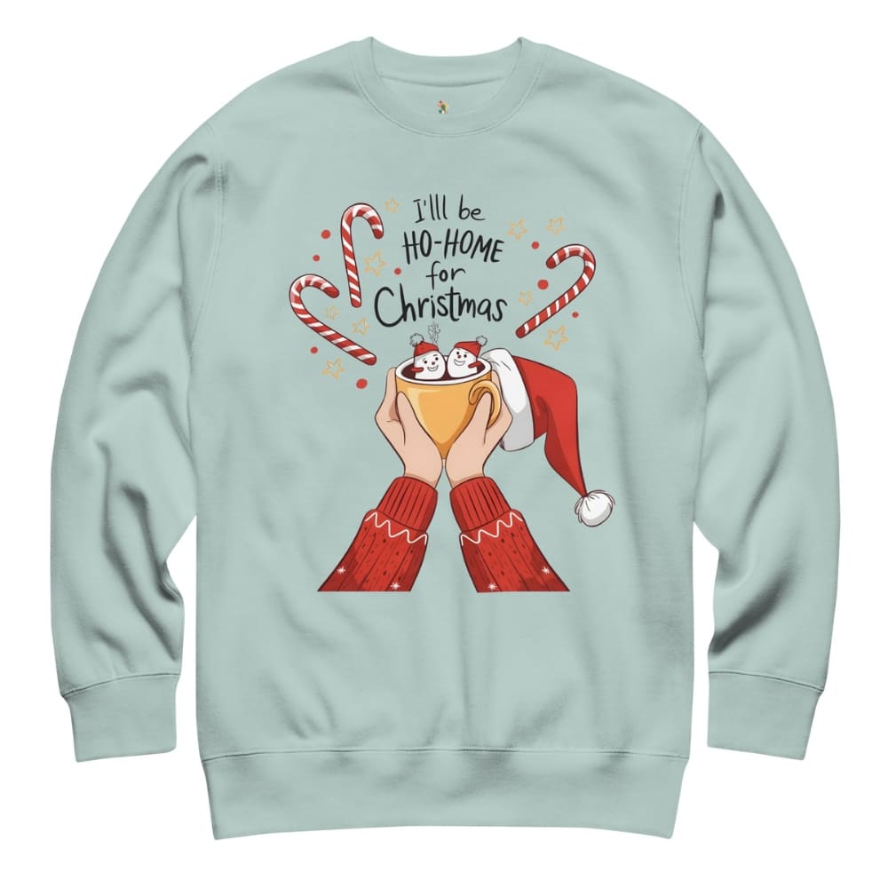 Light blue sweatshirt with Christmas-themed design on a white background