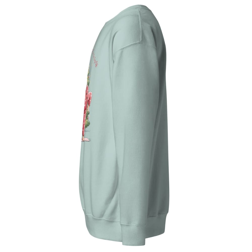 Light blue sweatshirt with floral design on sleeve against a white background