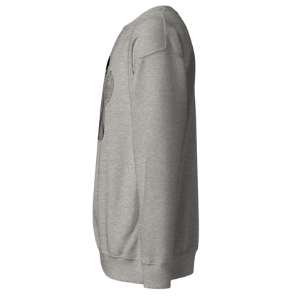 Gray sweatshirt with a logo on the chest against a white background