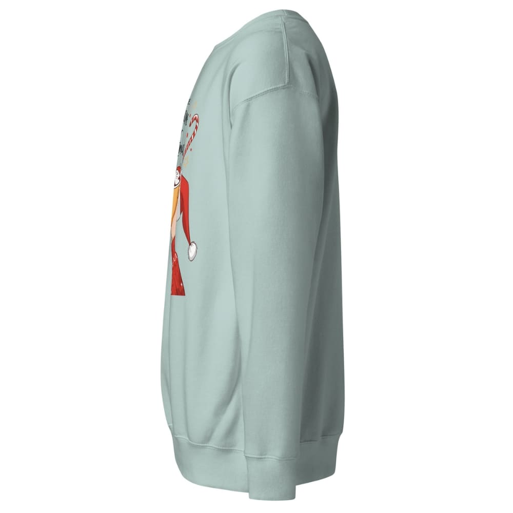 Light blue sweatshirt with a colorful graphic on the sleeve against a white background