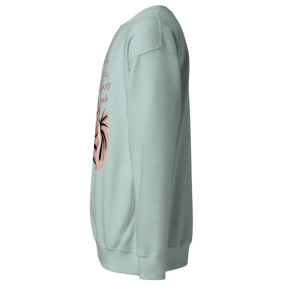 Light blue sweatshirt with a graphic design on the sleeve against a white background