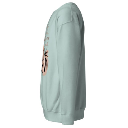 Light blue sweatshirt with a graphic design on the sleeve against a white background