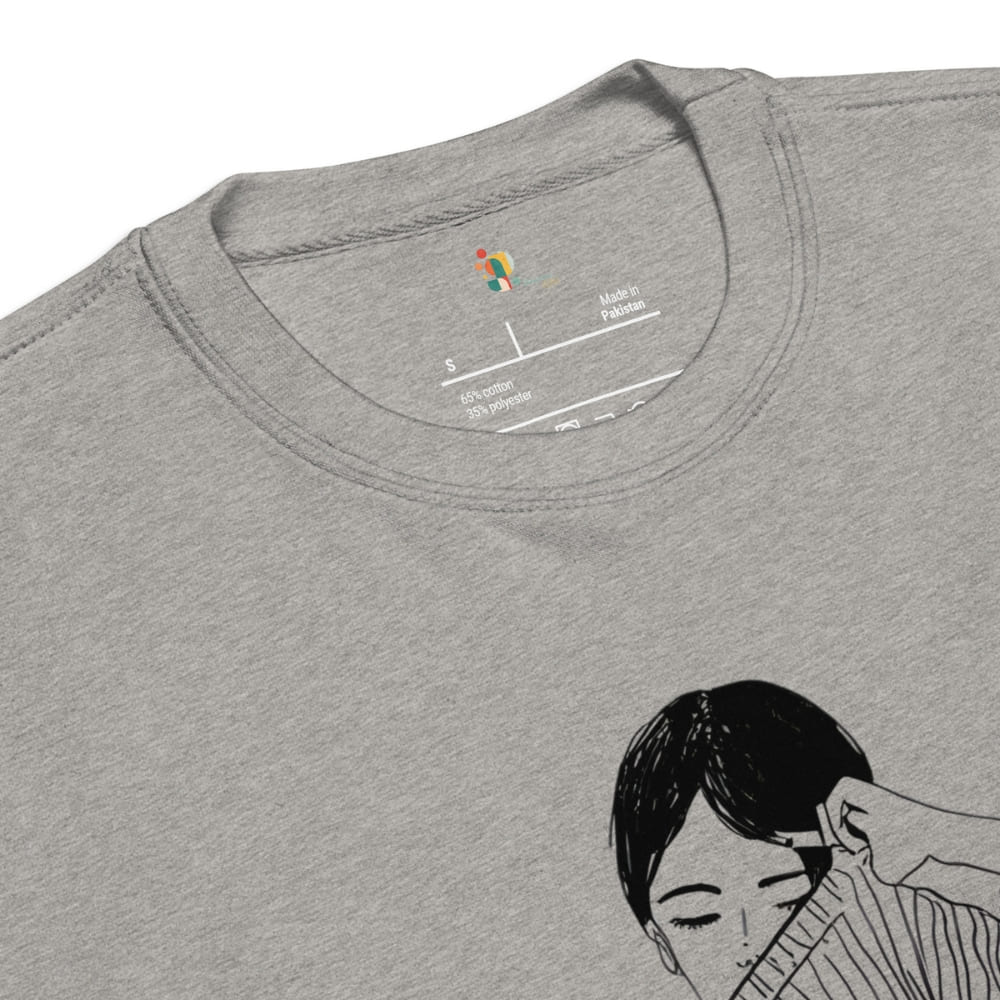 Gray t-shirt with a black and white illustration of a person on the chest area.
