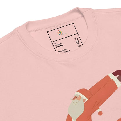 Pink sweatshirt with a Santa Claus graphic and label on a white background