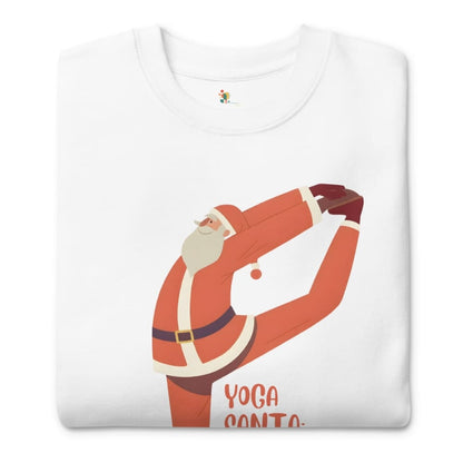White t-shirt with a graphic of Santa Claus doing yoga and 'Yoga Santa' text on a white background
